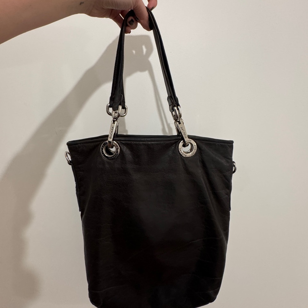 RUDSAK Black Leather Tote with Silver Hardware
